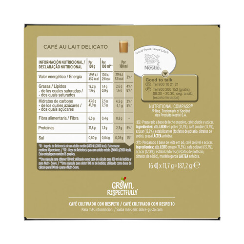 NESCAFÉ Café con leche Delicato, intensidad 5en cápsulas NESCAFÉ DOLCE GUSTO 16 uds. 187,2 g.