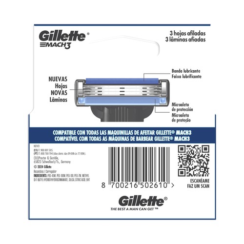 GILLETTE Mach3 Recambio de cuchillas de afeitar con 3 hojas 4 uds.