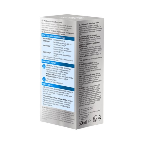 NEUTRÓGENA Retinol boost Crema facial hidratante anti-edad, con retinol puro y ácido Hialurónico 50 ml.