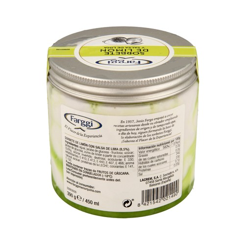 FARGGI Tarrina de sorbete de limón con salsa de lima 450 ml.
