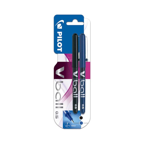 2 bolígrafos tipo roller punta fina grosor de 0.5mm y tinta negra y azul secado rápido PILOT V-ball.