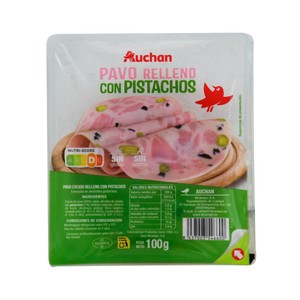 Imagen de AUCHAN Pavo cocido relleno con pistachos, sin gluten y sin lactosa 100 g. Producto Alcampo