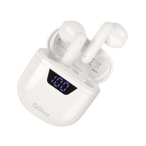 Auriculares Inalámbricos Bluetooth QILIVE Q.1342, color blanco, estuche cargador, 6h de autonomía, pantalla led indicadora de batería.