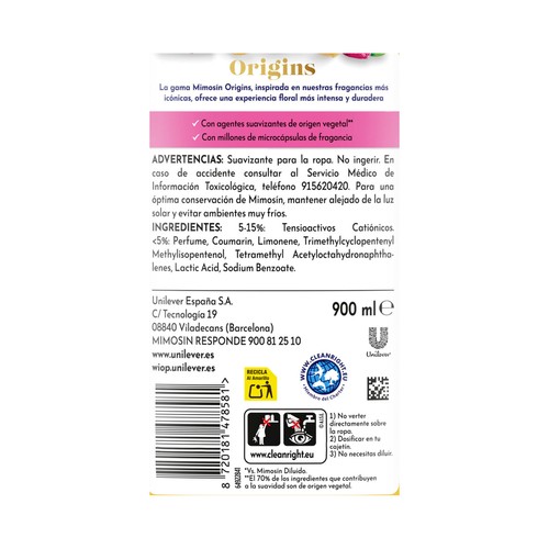 MIMOSIN Origins Suavizante concentrado con aroma a lirio cautivador 900 ml, 50 lavados.