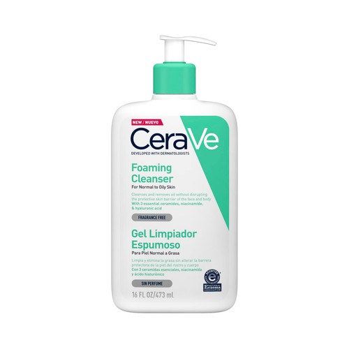 CERAVE Gel limpiador espumoso sin perfume para pieles normales a grasas 473 ml.