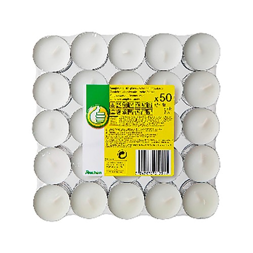 Set de 50 tealights, velas pequeñas, + 4h, sin perfume, color blanco, ALCAMPO.