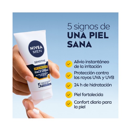 NIVEA Men sensitive Crema facial hidratante y portectora, sin alcohol y con FPS 15 75 ml.