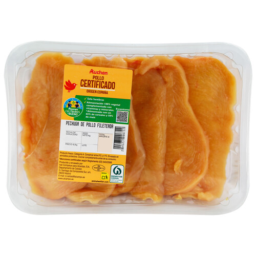 Pechuga de pollo fileteada ALCAMPO PRODUCCIÓN CONTROLADA Bandeja 600 Gramos Aproximados