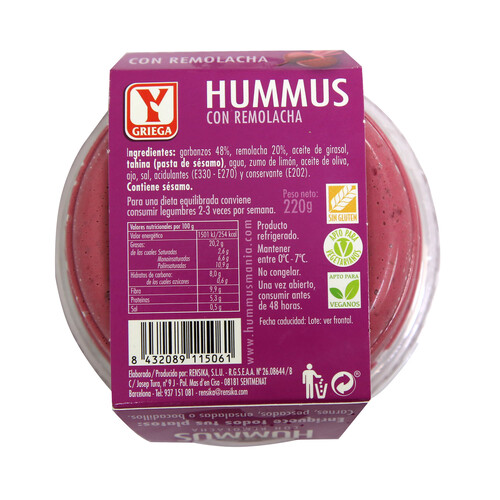 Y GRIEGA Hummus con remolacha Y GRIEGA 220 g.