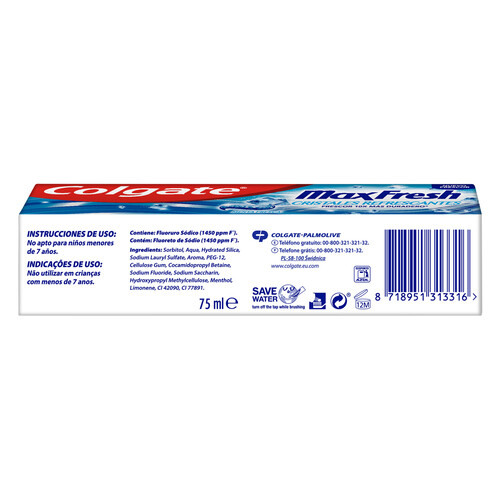 COLGATE Pasta de dientes con flúor, cristales refrescante y sabor a menta fresca COLGATE Max fresh 75 ml.