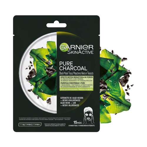 GARNIER Skin active pure charcoal Mascarilla de tejido, con extracto de alga negra, para pieles con poros dilatados.