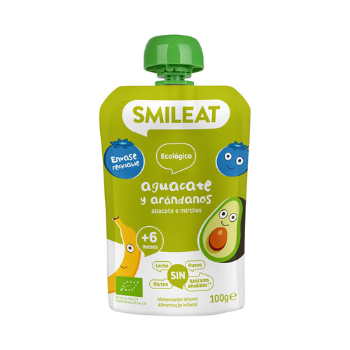 SMILEAT Bolsita de fruta (aguacate y arándanos) ecológica, a paritr de 6 meses 100 g.