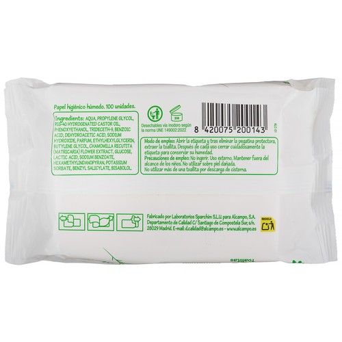 PRODUCTO ALCAMPO Papel higiénico húmedo con extracto de aloe vera y camomila 80 uds