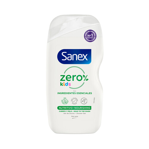 Gel nutritivo para ducha o baño, para cuerpo y pelo SANEX Zero% Kids 475 ml.