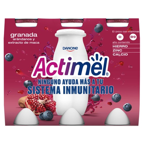 ACTIMEL Leche fermentada con Lcasei y con granada, arándanos y extracto de Maca de Danone 6 x 100 g.