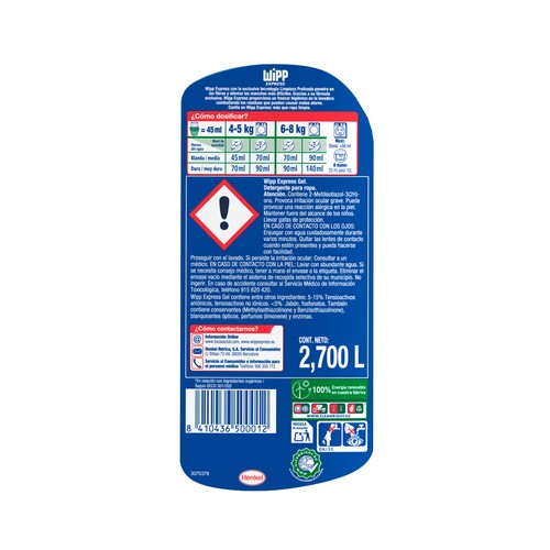 WIPP EXPRESS Detergente líquido gel azul 60 dosis.