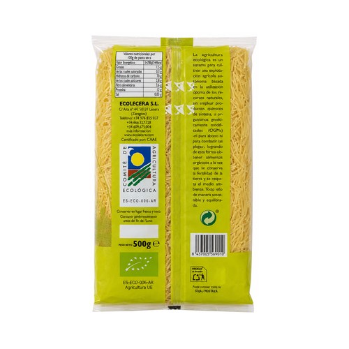 ECOLECERA Pasta fideos cabello de angel (cabellín), 100% ecológicos y de calidad superior 500 g.
