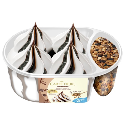 CARTE D'OR Cornetto Tarrina de helado de vainilla con salsa de chocolate y trocitos de barquillo 750 ml.