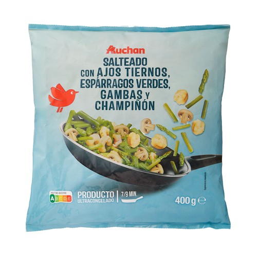 AUCHAN Revuelto de ajetes, espárragos trigueros y gambas 400 g. Producto Alcampo