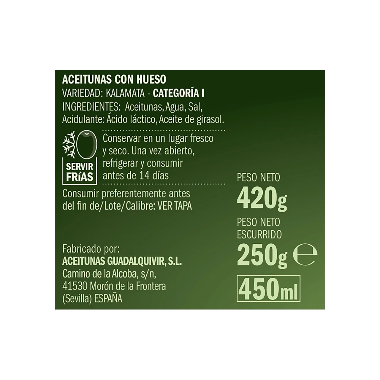 Aceituna kalamata frasco 250 g.