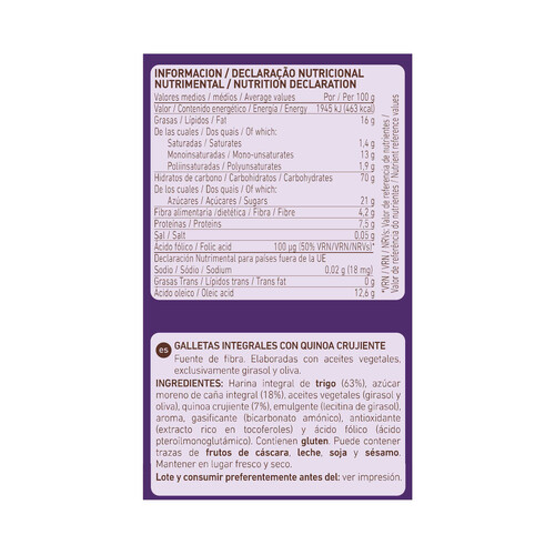 DIAT RADISSON Galletas integrales con quinoa crujiente 220 g.