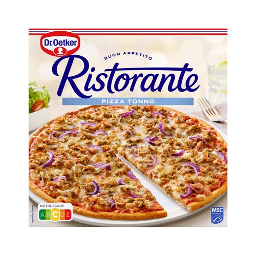 DR. OETKER Pizza de masa fina y crujiente cubierta de atún, cebolla roja y queso Ristorante 355 g.