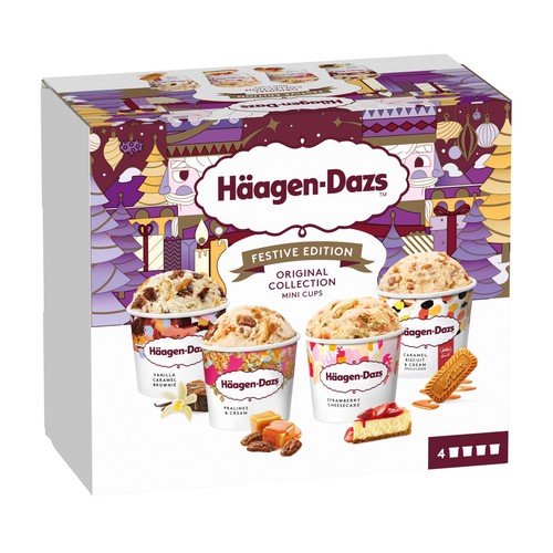 HÄAGEN-DAZS Festive edition Mini tarrinas de helados surtidos (vainilla, praline, caramleo con lotus y tarta de queso) 4 x 95 ml.