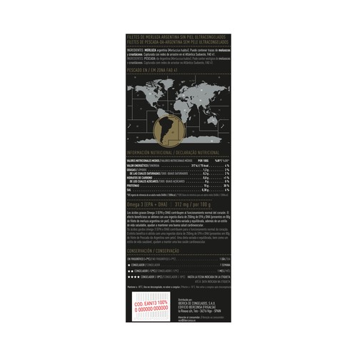 NOS Filete de merluza Argentina, ultracongelada y sin piel NOS 750 g.