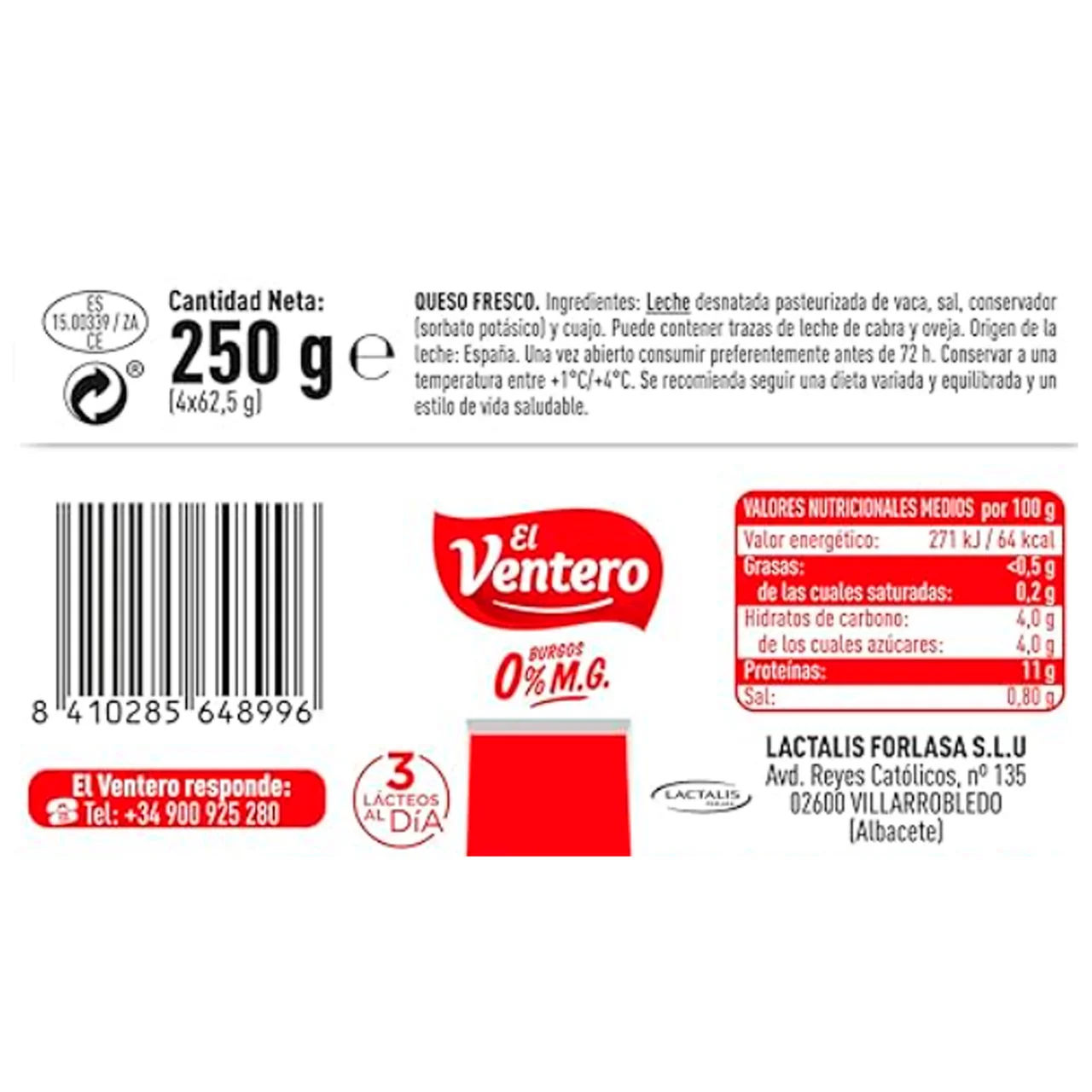 Queso fresco con proteínas 4X62,5g 0%