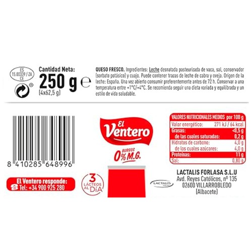 EL VENTERO Queso fresco con proteínas 4X62,5g 0%