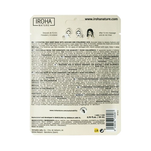 IROHA NATURE Mascarilla facial tisú, hidratante con aguacate y ácido Hialurónico.