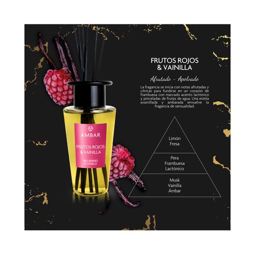 AMBAR Ambientador perfumador de varillas (Mikado premium), con aroma a frutos rojos y vainilla 85 ml.