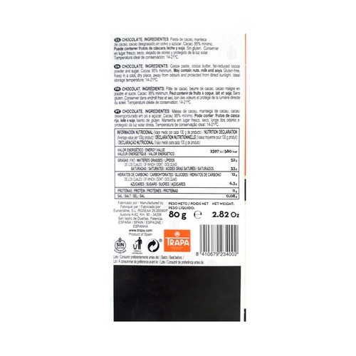 TRAPA Collection Chocolate negro 95 % cacao 80 g.