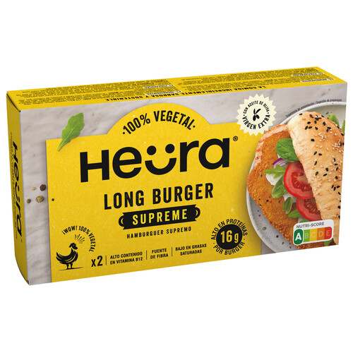 HEÜRA Long burger vegetal a base de proteína de soja y aceite de oliva virgen extra Supreme 2 x 105 g.