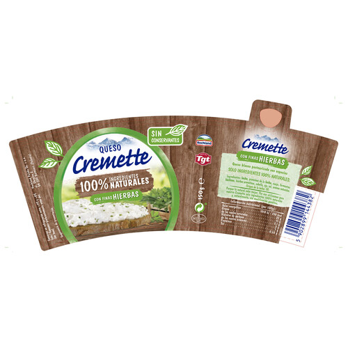 CREMETTE HOCHLAND Queso blando pasteurizado con finas hierbas, 100 % ingredientes naturales 150 g.