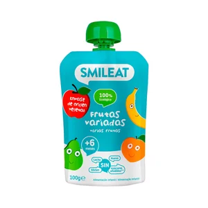 SMILEAT Bolsita de fruta ecológica (pera, melocotón, plátano y manzana) a partir de 6 meses 100 g.