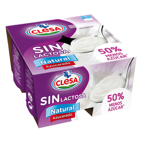 Yogur natural azucarado sin lactosa y con 50% menos de azúcar CLESA 4 x 125 g.