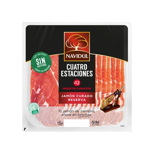 Jamón curado en Extremadura, cortado en lonchas y elaborado sin gluen y sin lactosa NAVIDUL 138 g.