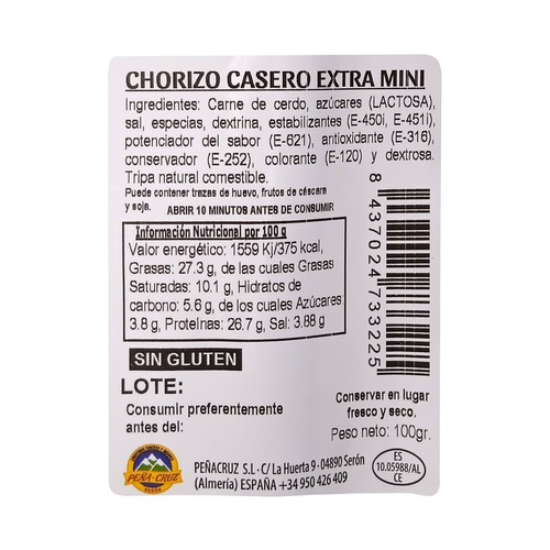 PEÑA CRUZ Chorizo casero envasado al vacio 100 g.