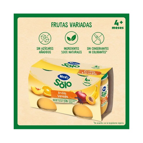 HERO Solo Tarrito de frutas (plátano, manzana, melocotón, naranja y albaricoque), a partir de 4 meses 2 x 120 g.