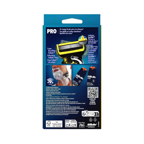 GILLETTE Pro shield Maquinilla de afeitar con cabezal pivotante de cinco hojas + 2 recambios.