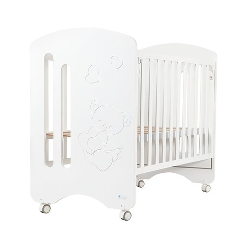 Cuna de madera de haya, 124x93x63cm, barandilla abatible, 4 ruedas, INTERBABY LOVELY PREMIUM, color blanco.