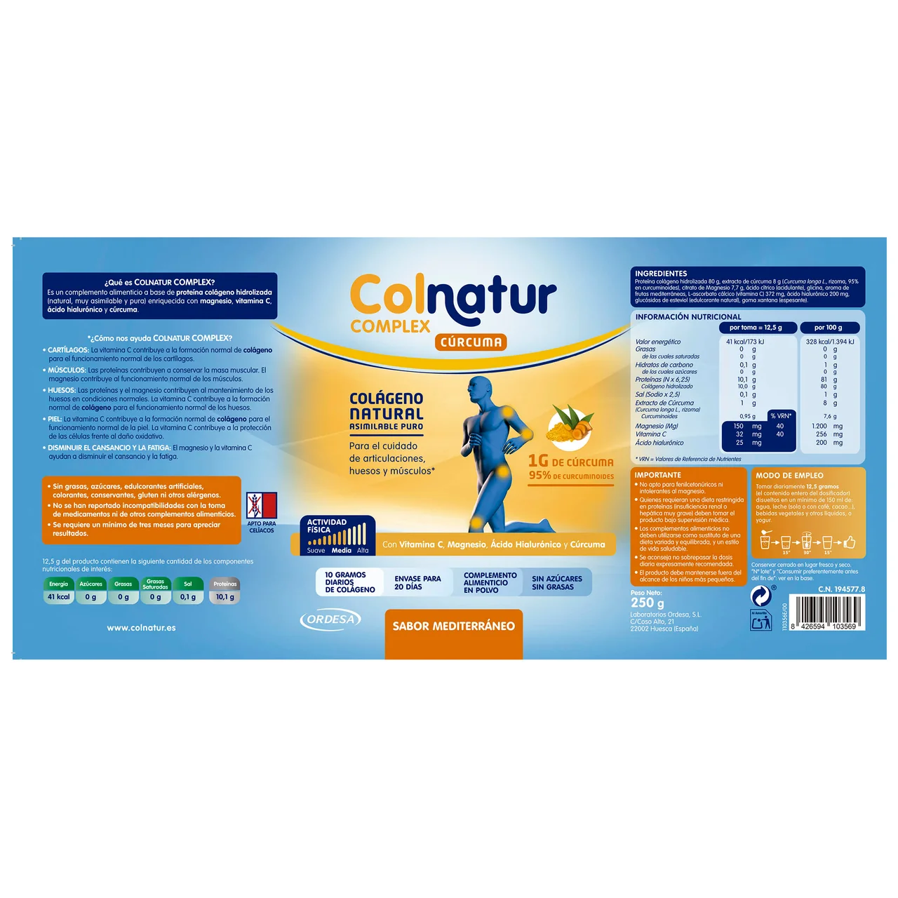 COLNATUR Complemento alimenticio a base de colágeno y cúrcuma, con sabor mediterraneo COLNATUR Complex 250 g.