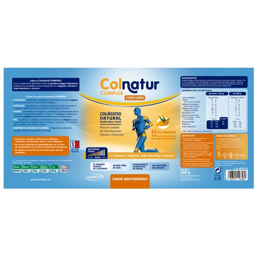 COLNATUR Complemento alimenticio a base de colágeno y cúrcuma, con sabor mediterraneo COLNATUR Complex 250 g.