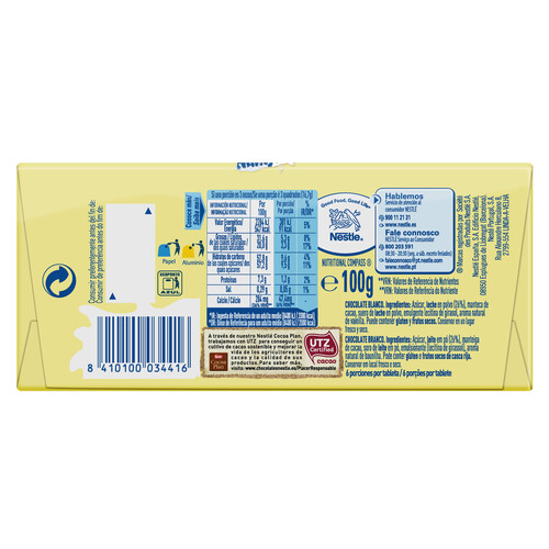 NESTLÉ Chocolate blanco en tableta de 6 porciones, nestlé MILKYBAR 100 g.