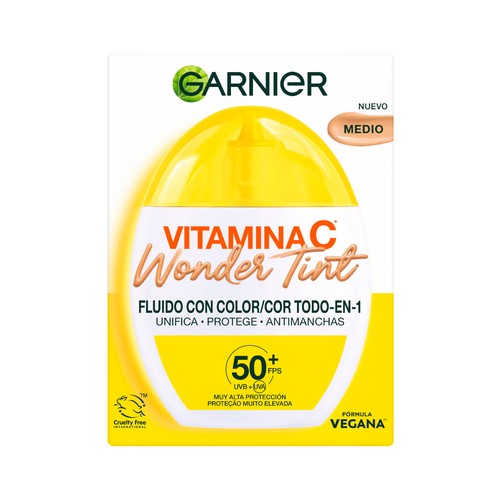 GARNIER Vitamina C wonder tint Fluido solar con color (medio) y FPS 50+ (muy alto) 40 ml.