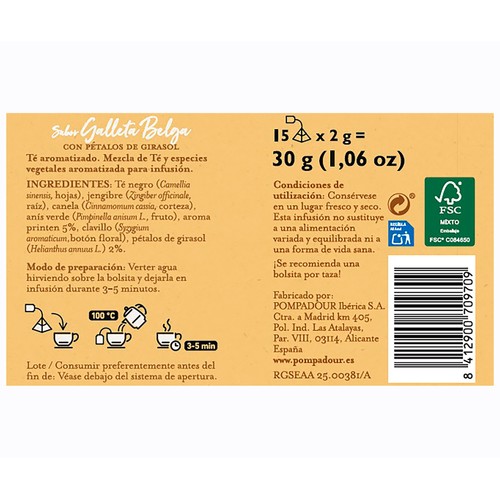 POMPADOUR Infusión sabor a galleta Belga piramidal 15 uds. 30 g.