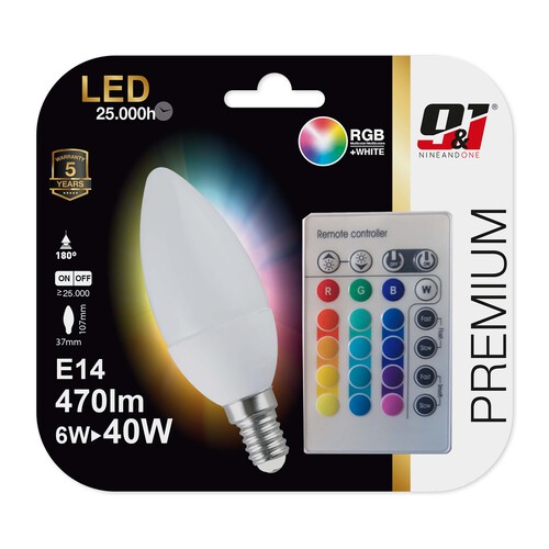 Bombilla Led E14 con mando a distancia, 6W=40W, blanco + RGB multicolor,  NINE&ONE Premium.