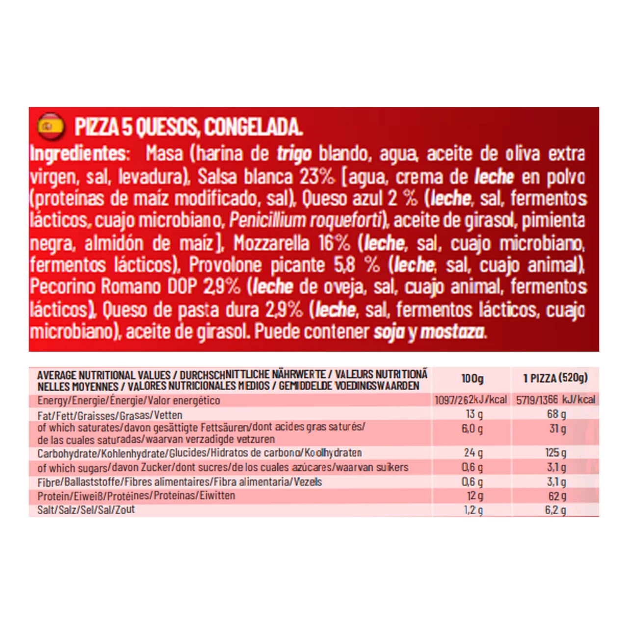 Pizza 5 formaggi 26x38 520 g.