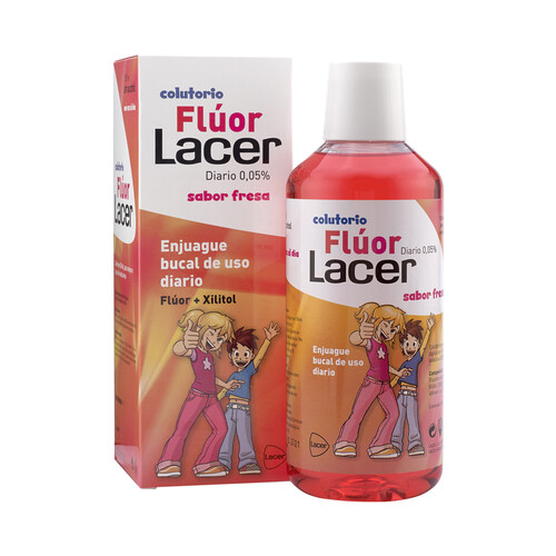 Enjuague bucal de uso diario sin alcohol, con flúor y Xilitol, sabor fresa LACER 500 ml.
